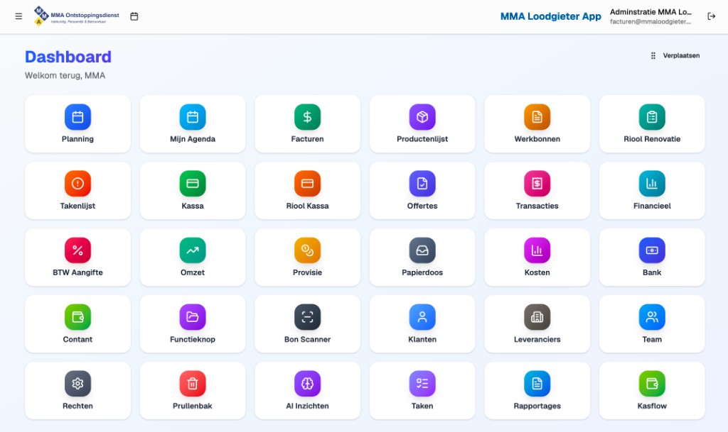 MMA Plumbing dashboard with planning, invoicing and client management