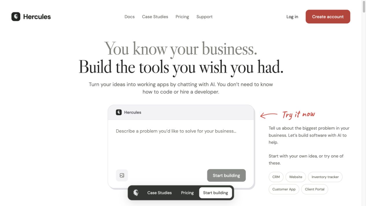 The Hercules homepage redesign, with its app-building prompt and business examples