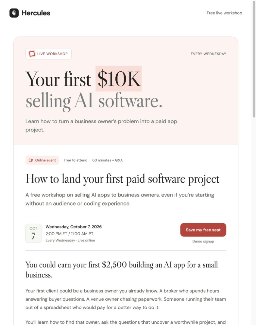 The webinar landing page about selling AI software to businesses